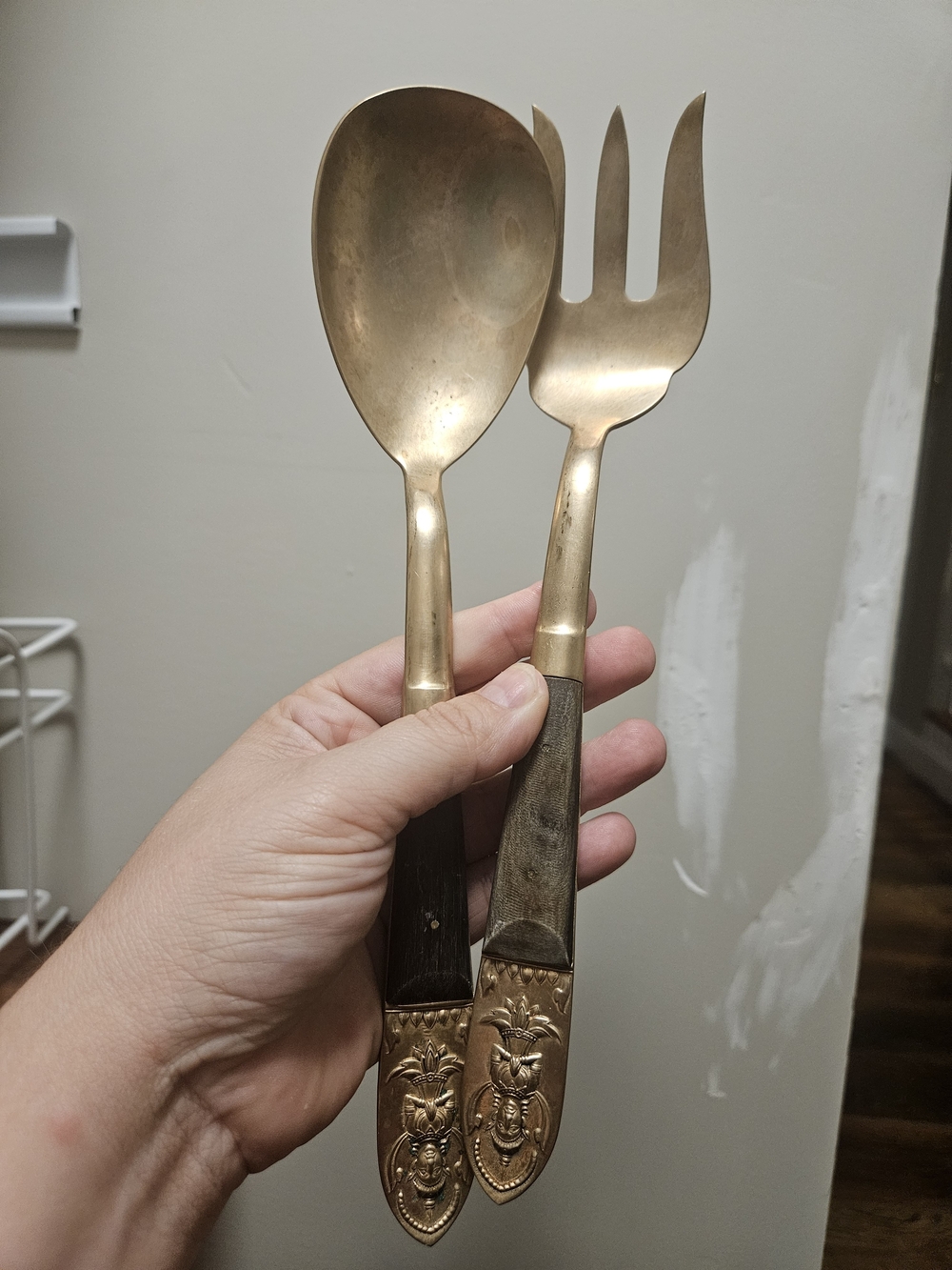 Antique-Style Brass Serving Spoon and Fork Set in Aged Gold